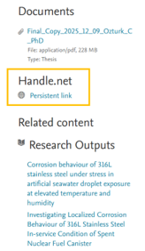 A screenshot of where you can find a Handle on the Bristol Research Portal